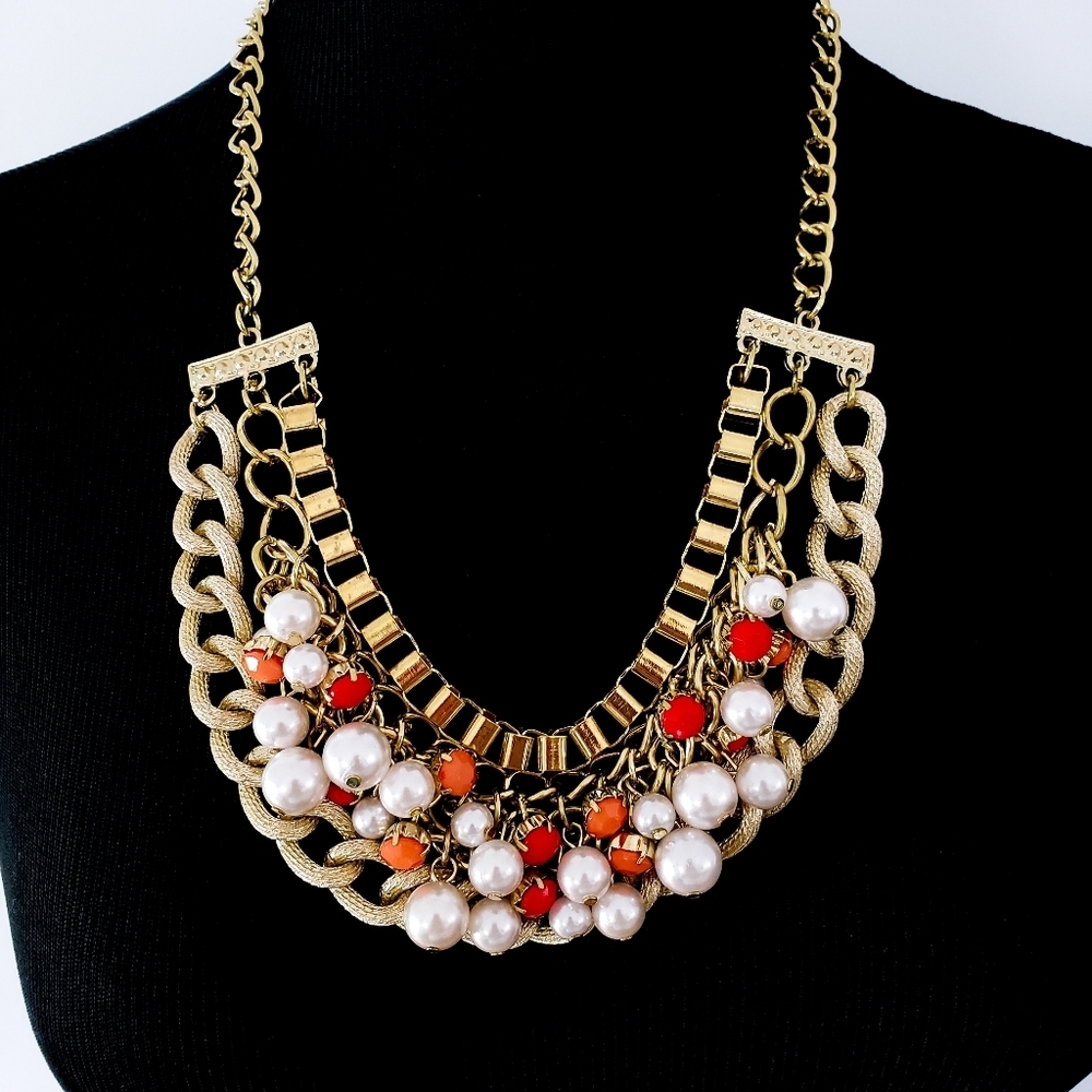 Lucia chunky statement necklace multi strand orange beads pearls chains